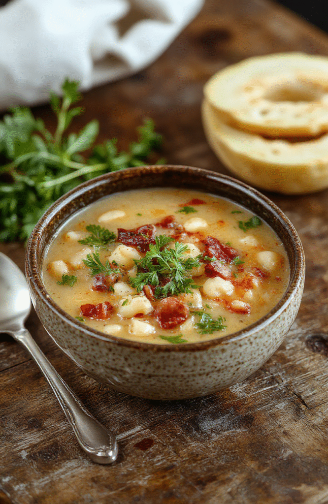 A bowl of hearty Tuscan white bean soup garnished with fresh herbs, surrounded by crusty bread and olive oil, with a rustic wooden table and natural daylight highlighting the creamy texture and vibrant herbs.