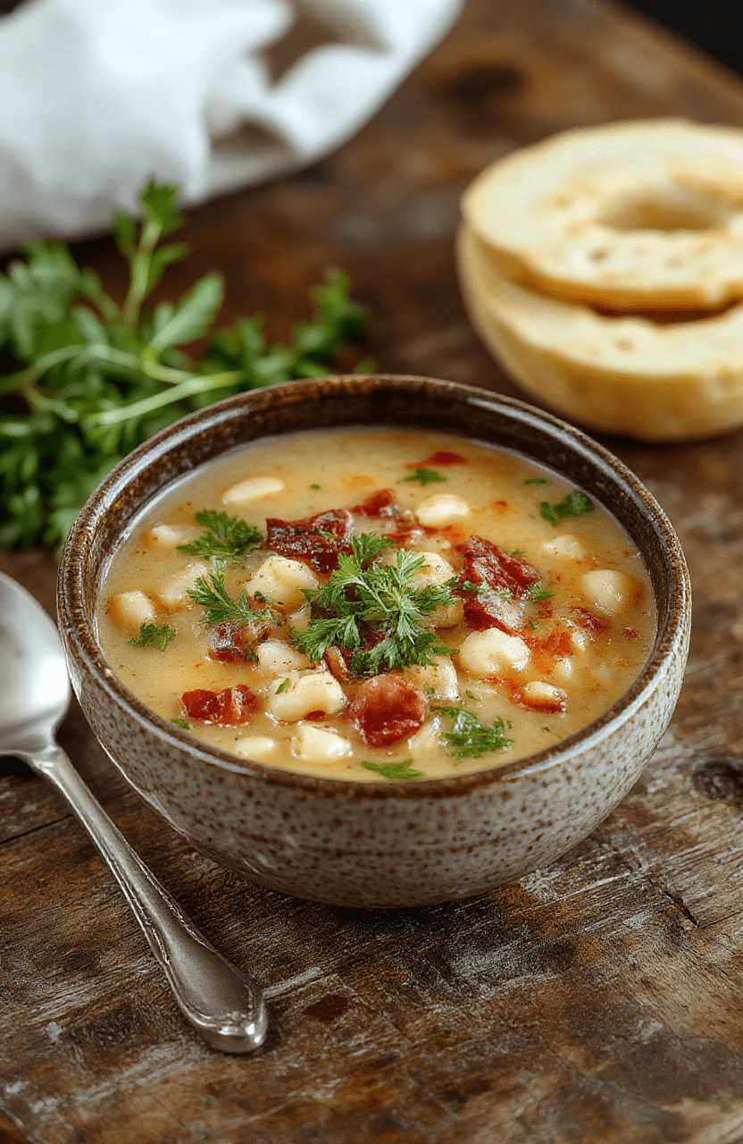 A bowl of hearty Tuscan white bean soup garnished with fresh herbs, surrounded by crusty bread and olive oil, with a rustic wooden table and natural daylight highlighting the creamy texture and vibrant herbs.