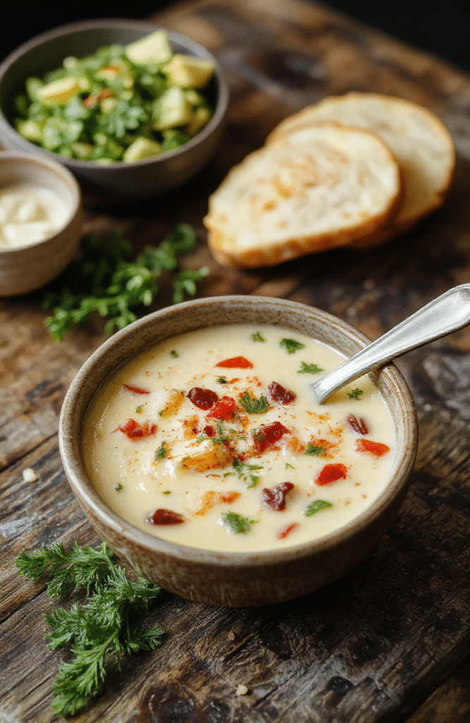 A vibrant bowl of cheeseburger soup garnished with shredded cheese, chopped green onions, and crispy bacon pieces. The creamy soup contains visible chunks of ground beef, carrots, potatoes, and melted cheese, presented on a rustic wooden table with a spoon beside it. The scene highlights the rich textures and inviting colors of the dish, styled for a cozy, comforting meal.
