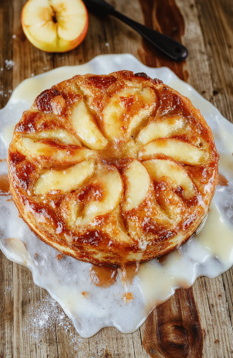 Heller, goldbrauner unsichtbarer Apfelkuchen auf einem eleganten weißen Teller, mit zartem Teig, dünn geschnittenen Äpfeln, appetitlicher Textur, dezent bestäubt mit Puderzucker, stilvoll angerichtet, im Hintergrund ein rustikaler Holztisch.