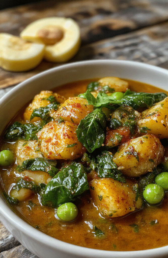 Helles, farbenfrohes veganes Kartoffelcurry mit frischem Spinat und grünen Erbsen, serviert auf einem weißen Teller, mit einer cremigen Sauce und frisch gehacktem Koriander, detailreich und appetitlich