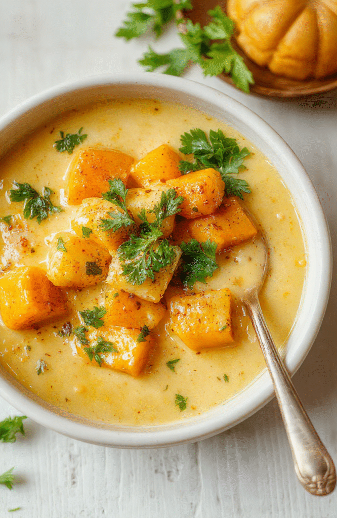 Bunter Kürbis Curry in einer weißen Schüssel, cremige Kokosmilch, goldene Kürbiswürfel, grüner Kori garniert, auf heller Holzplatte, natürlicher Lichteinfall, appetitlich angerichtet