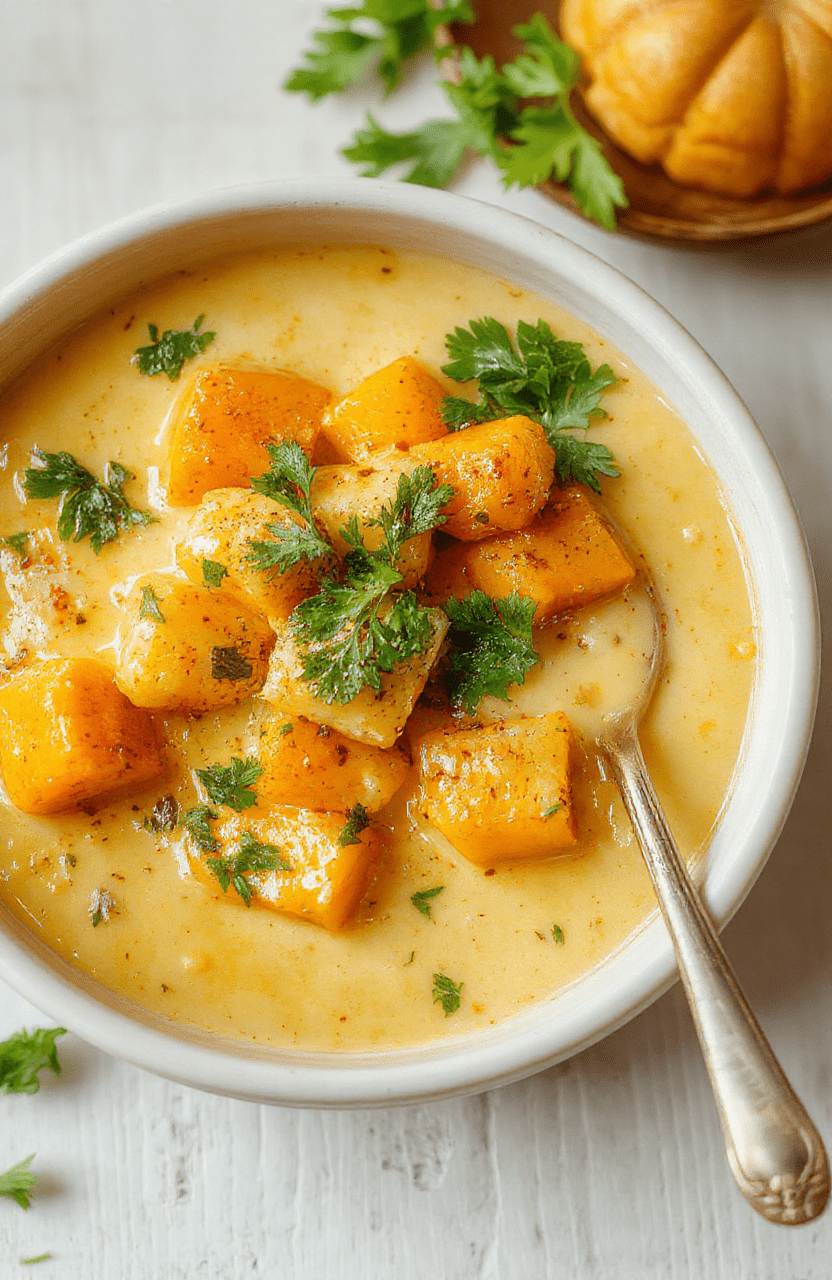 Bunter Kürbis Curry in einer weißen Schüssel, cremige Kokosmilch, goldene Kürbiswürfel, grüner Kori garniert, auf heller Holzplatte, natürlicher Lichteinfall, appetitlich angerichtet