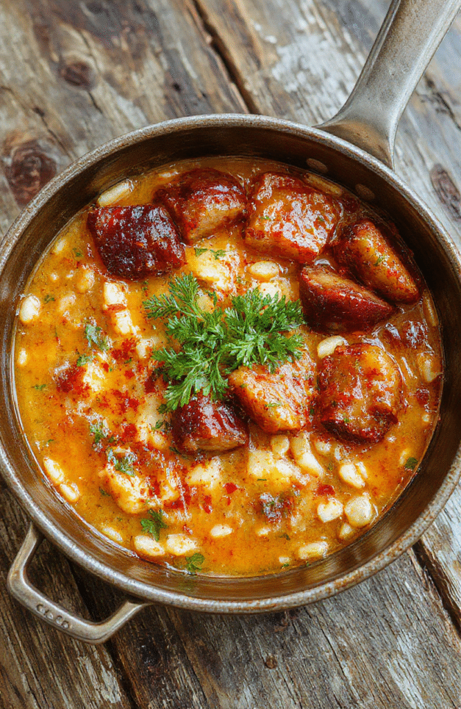 Bunte vegetarische Reispfanne mit roten Paprikastreifen, gelbem Mais, schwarzen Kidneybohnen und grünen Kräutern, serviert auf einem weißen Teller, frisch und appetitlich, mit einer Holzunterlage im Hintergrund