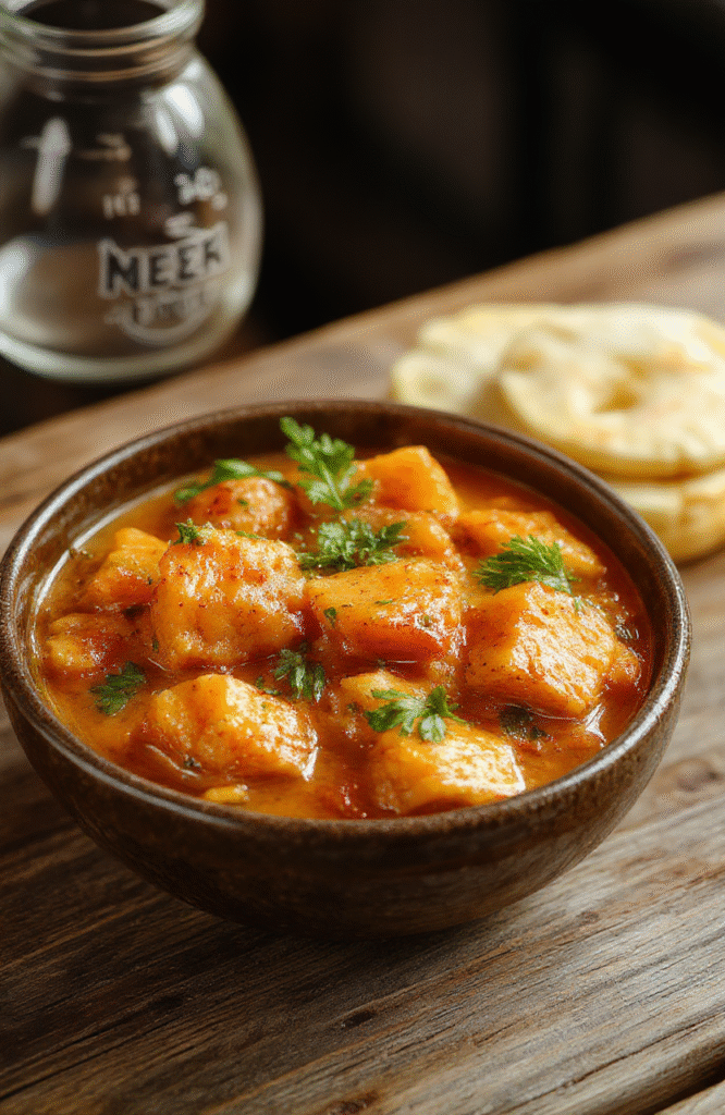 Buntes Süßkartoffel Curry in einer tiefen Schüssel, mit cremiger Konsistenz, gut gewürzt, auf einem Holztablett serviert, mit frischem Koriander garniert, farbenfrohe Texturen und appetitliches Erscheinungsbild