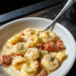 Bunte Tortellini in einer cremigen weißen Soße, serviert auf einem weißen Teller mit frischen Kräutern und geriebenem Parmesan, umgeben von grünen Basilikumblättern, helles Licht hebt die leuchtenden Farben hervor, die Textur der Tortellini ist weich und gefüllt, die Soße ist samtig und glänzend.