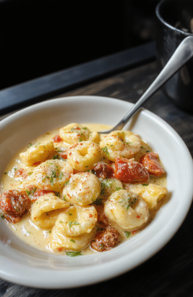 Bunte Tortellini in einer cremigen weißen Soße, serviert auf einem weißen Teller mit frischen Kräutern und geriebenem Parmesan, umgeben von grünen Basilikumblättern, helles Licht hebt die leuchtenden Farben hervor, die Textur der Tortellini ist weich und gefüllt, die Soße ist samtig und glänzend.