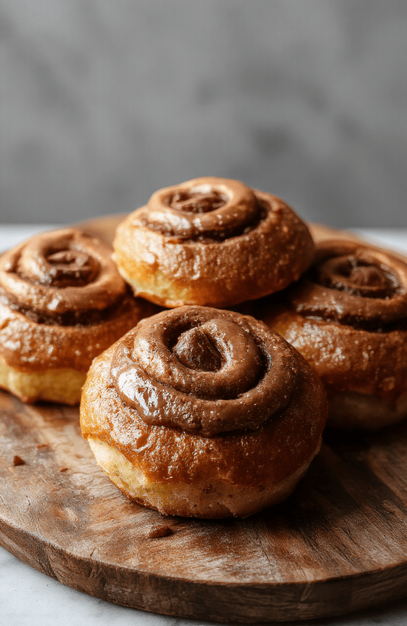 Helle, goldbraune Schokobrötchen auf einem rustikalen Holzteller, mit geschmolzener Schokolade, weiche Kruste, lockeres Inneres, vormals frisch gebacken, köstlich und verlockend präsentiert