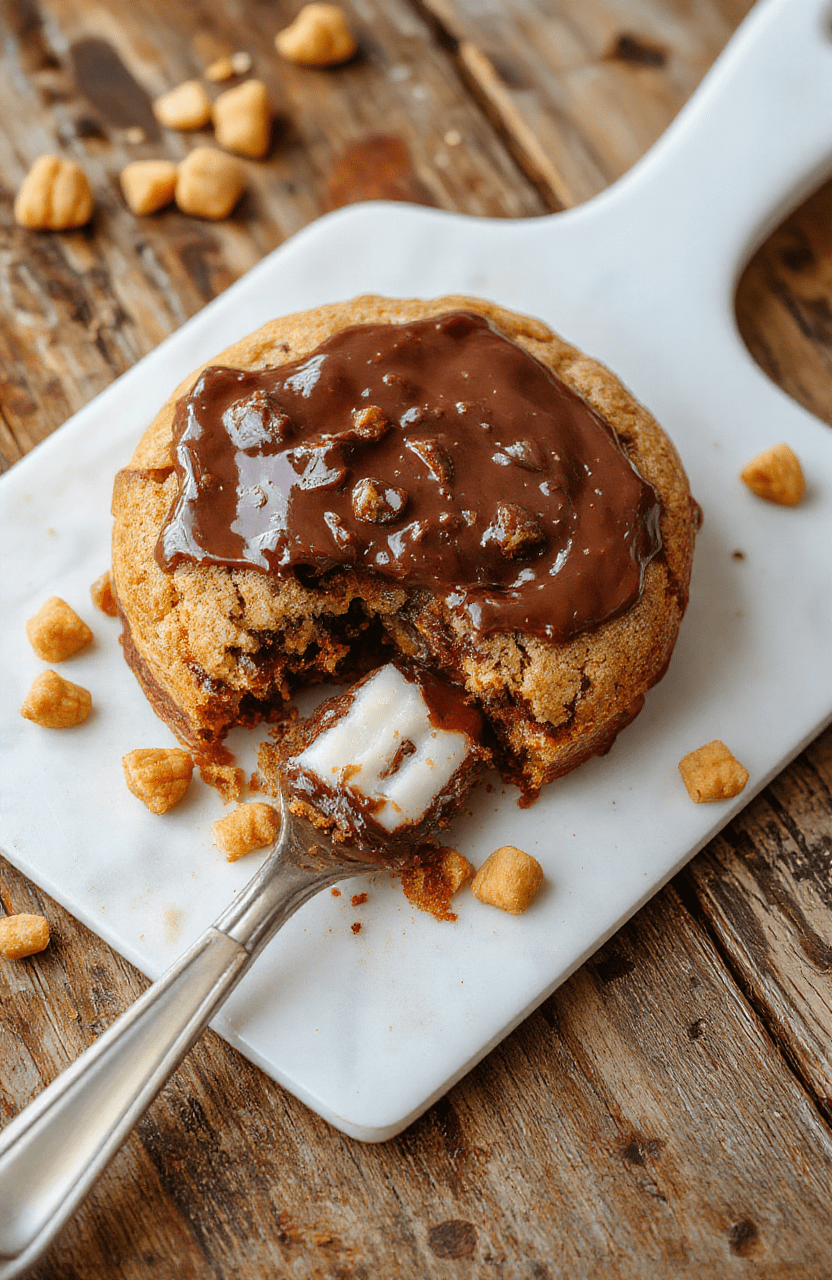 Ein verführerischer Nutella-Cookie-Kuchen auf einem weißen Teller, mit glänzender Nutella-Schicht oben, umgeben von goldbraunen Kekskrümeln, der Kuchen ist saftig und weich, mit einer cremigen Textur, elegant angerichtet mit einem Löffel daneben