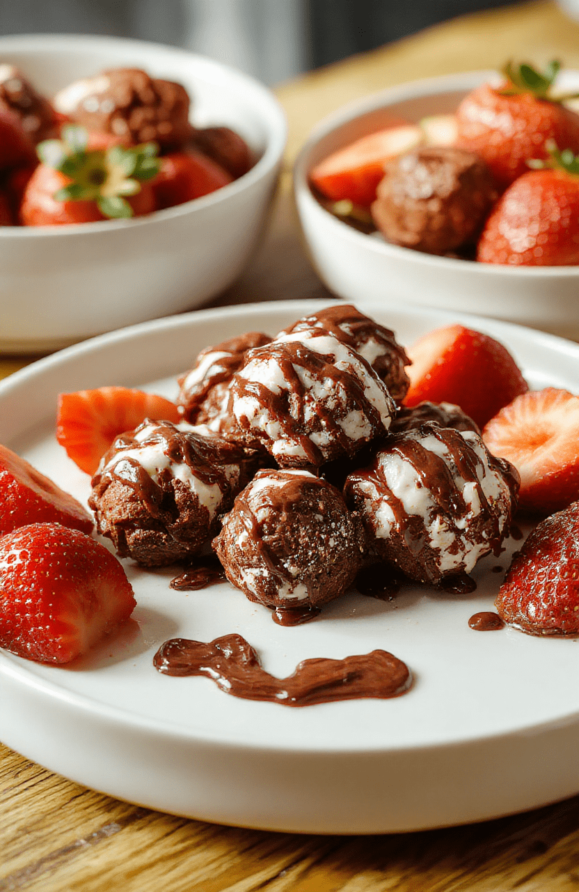 Bright pink and rich brown chocolate strawberry yogurt clusters arranged on a white plate, garnished with fresh strawberries and drizzled with melted chocolate, styled casually with a soft blurred background, vibrant colors, and inviting textures.