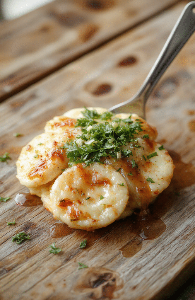 Ein buntes Rote Linsen Curry in einer weißen Schüssel, mit cremiger Kokosmilch, orangefarbenen Süßkartoffelwürfeln, frischen grünen Kräutern und einer dekorativen Garnitur, serviert auf einem hellen Holztisch.