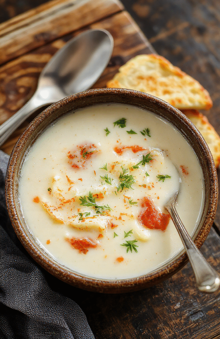 Eine dampfende weiße Lasagne-Suppe in einer weißen Schüssel, serviert auf einem Holzbrett. Die Suppe ist cremig mit sichtbaren Schichten aus Ricotta und Käse, garnieren mit frischen Kräutern. Im Hintergrund ist ein Löffel sichtbar, der die samtige Textur betont.
