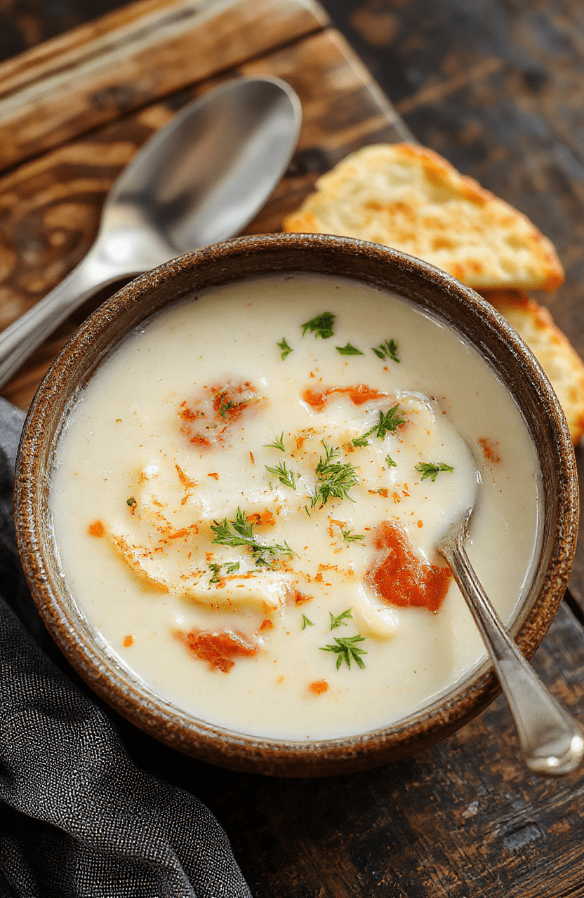Eine dampfende weiße Lasagne-Suppe in einer weißen Schüssel, serviert auf einem Holzbrett. Die Suppe ist cremig mit sichtbaren Schichten aus Ricotta und Käse, garnieren mit frischen Kräutern. Im Hintergrund ist ein Löffel sichtbar, der die samtige Textur betont.
