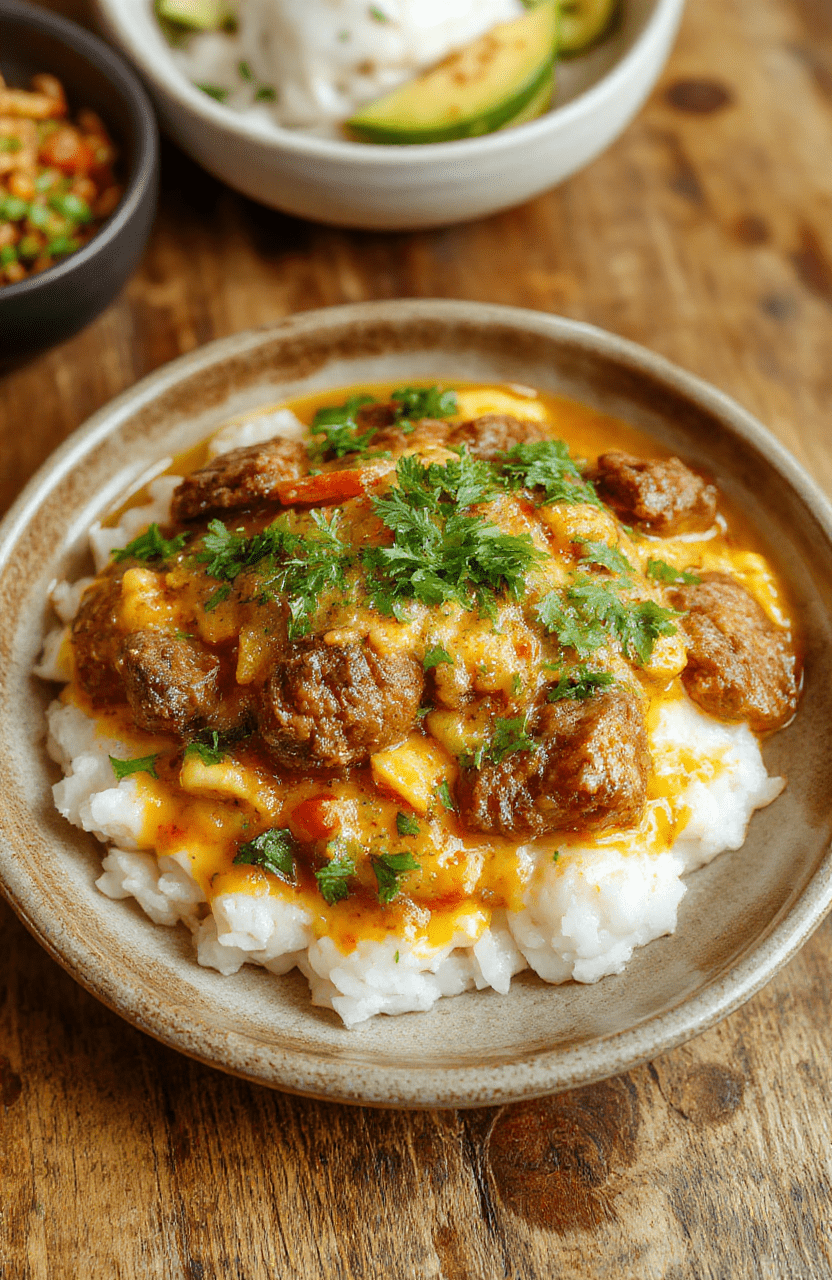 Bunter Curryreis mit saftigem Hackfleisch, verziert mit frischen Kräutern auf einem schönen Teller, die goldene Currysoße scheint cremig und aromatisch, umgeben von buntem Gemüse und Reis, die Textur des Hackfleisches ist zart, während die Gewürze den Teller lebendig machen, alles wirkt einladend und appetitlich