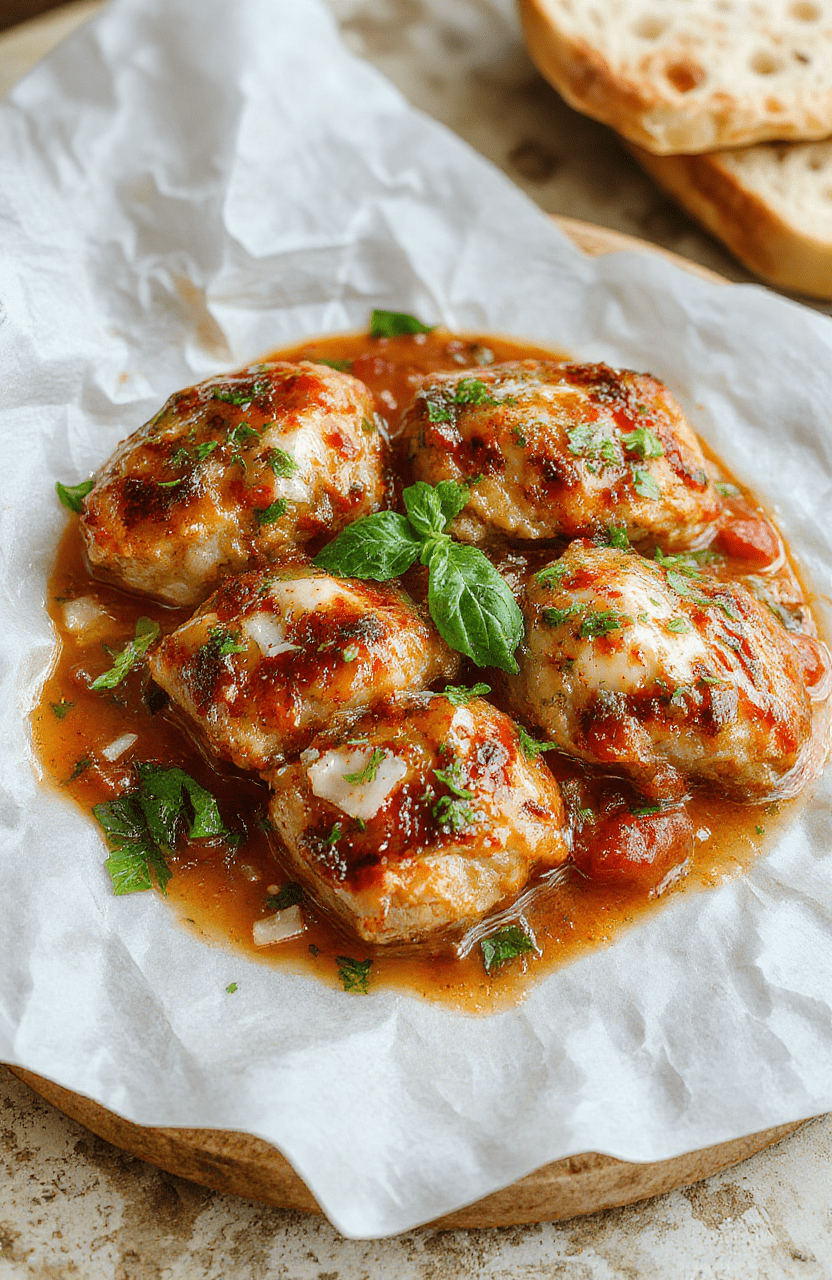 Bunte italienische Fleischbällchen auf einem weißen Teller, die außen goldbraun und knusprig sind, in einer frischen Tomatensauce mit frischen Basilikumblättern garniert, serviert mit kaltem Parmesan und knusprigem Ciabatta-Brot, alles stilvoll angerichtet, um den Appetit anzuregen.