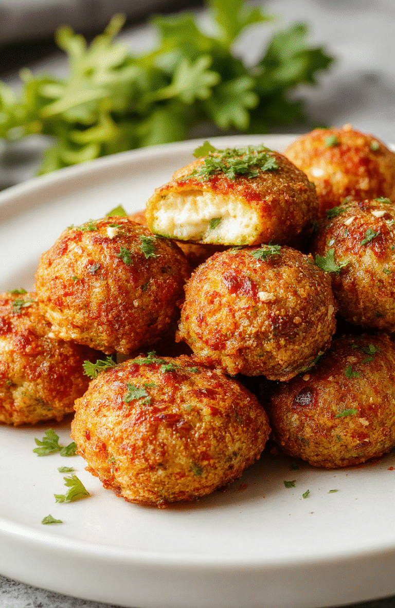 Bunte Zucchini-Feta-Bällchen auf einem weißen Teller, goldbraun gebraten, mit frischen Kräutern bestreut, knusprige Textur, appetitlich angerichtet, im Hintergrund eine grüne Kräuterpfanne
