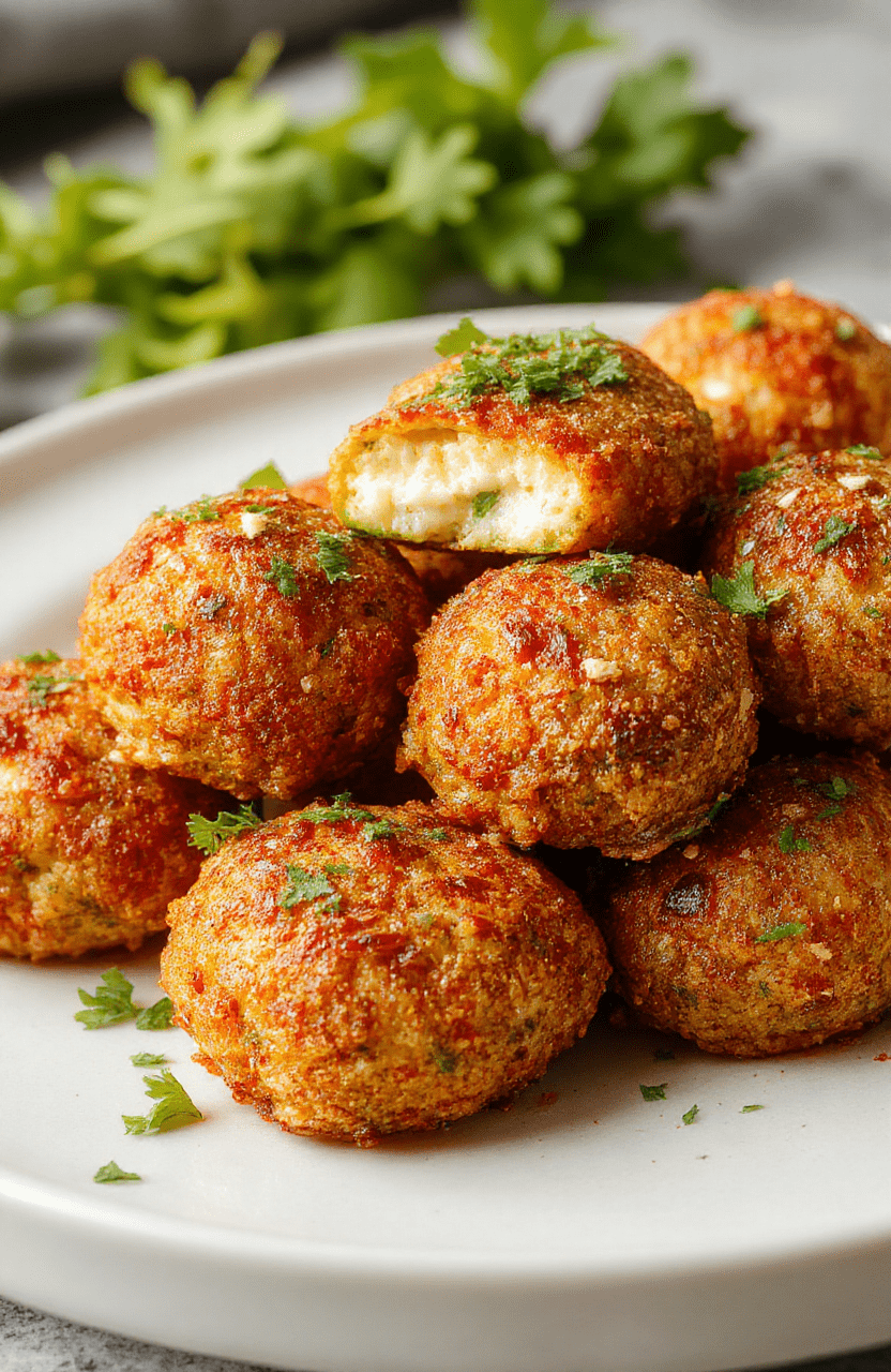Bunte Zucchini-Feta-Bällchen auf einem weißen Teller, goldbraun gebraten, mit frischen Kräutern bestreut, knusprige Textur, appetitlich angerichtet, im Hintergrund eine grüne Kräuterpfanne