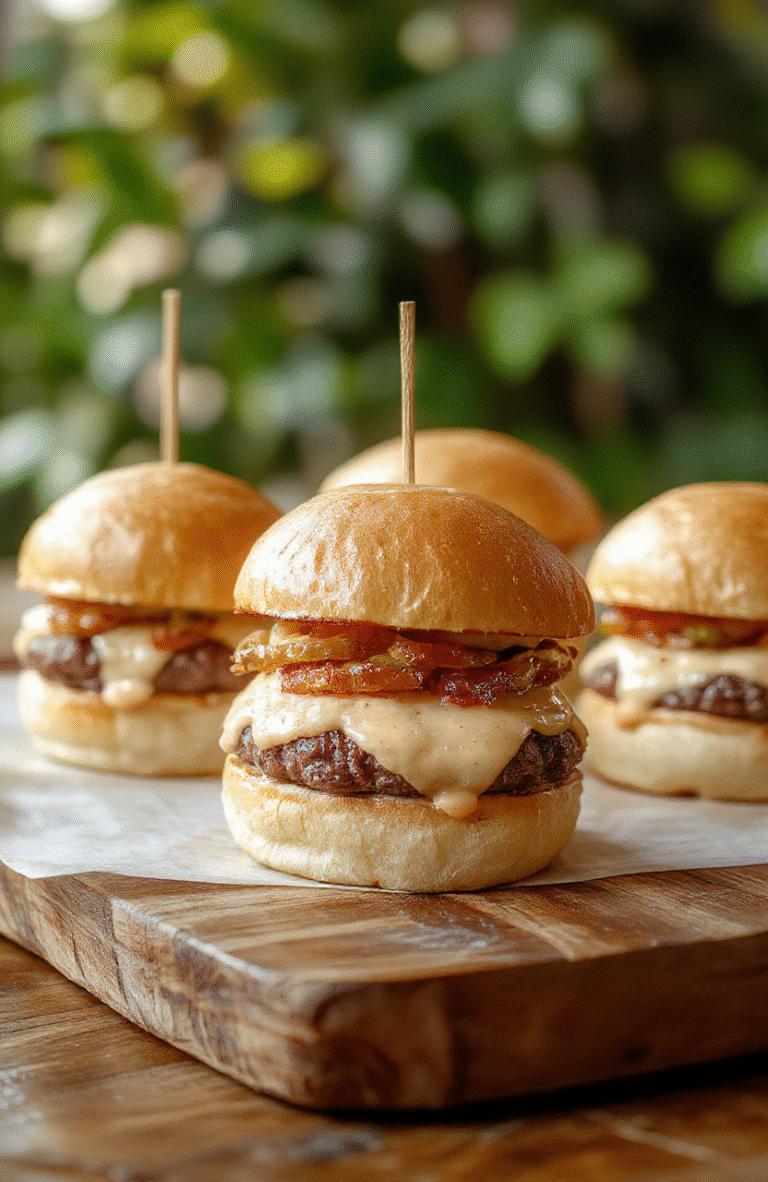 Close-up of golden-brown cheeseburger sliders arranged on a rustic wooden serving platter, topped with melted cheese, crisp lettuce, and juicy tomato slices. The sliders are stacked and slightly glistening, with sesame seed buns and melted cheese oozing from the sides, styled simply with a few pickle slices and a drizzle of ketchup for visual appeal.