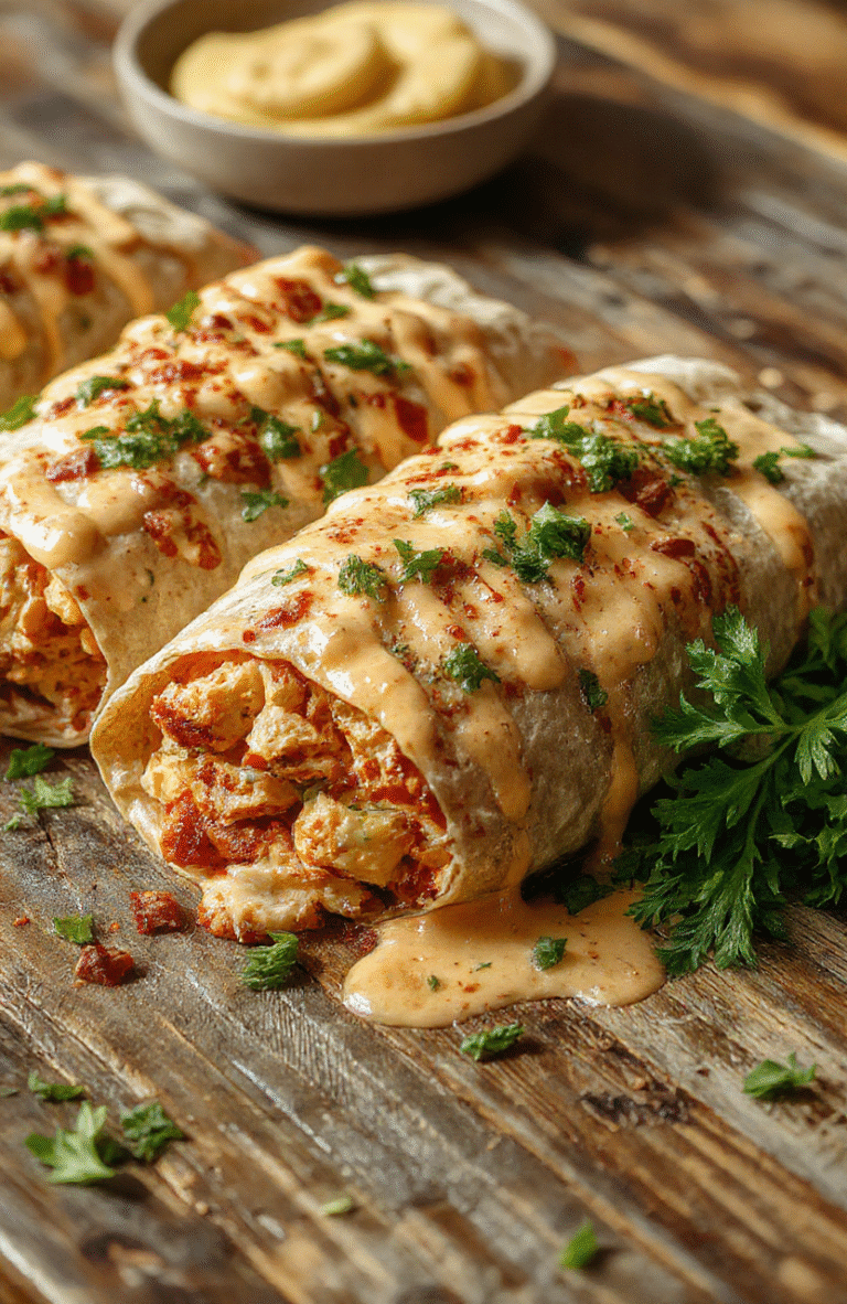 A vibrant plate of cheesy chicken wraps with golden-brown tortillas, melting cheese oozing out, garnished with fresh herbs on a rustic wooden table