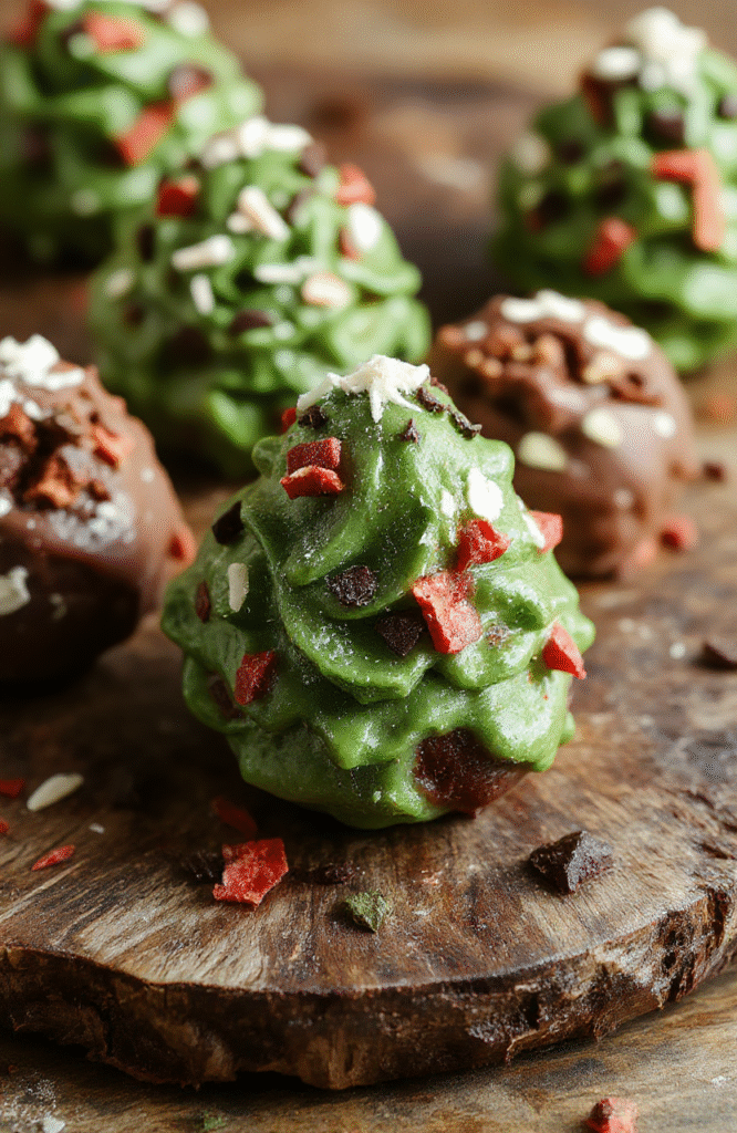 Colorful Christmas tree-shaped cake truffles arranged on a festive platter, decorated with green coconut flakes, red and white sprinkles resembling ornaments, glossy chocolate coating, styled with holiday-themed background elements, visually appealing and inviting.