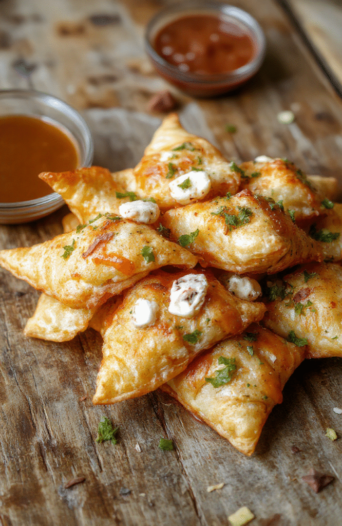 Golden-brown Crab Rangoon appetizers arranged neatly on a white plate, showcasing crispy exterior with hints of creamy filling visible, garnished with chopped green onions, styled simply on a dark wooden surface, natural lighting highlighting textures and colors.