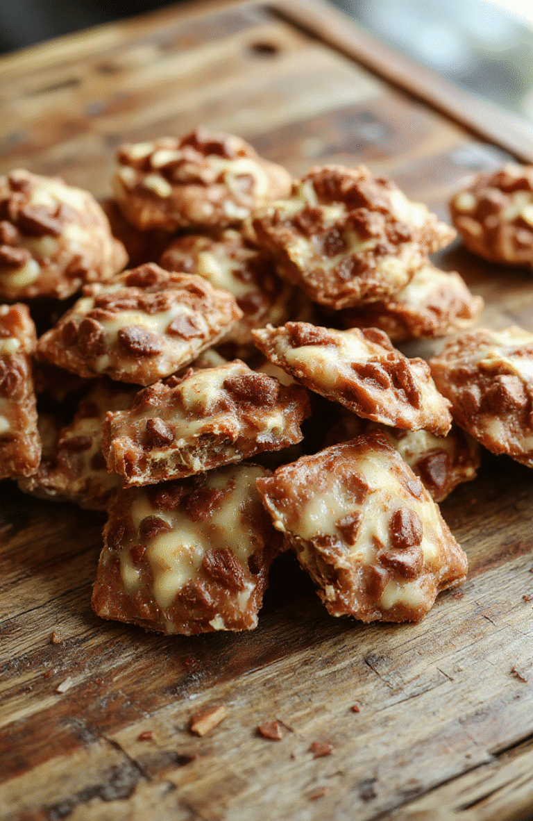 A close-up of shiny, golden-brown cracker toffee arranged on a rustic wooden board, topped with chopped nuts and drizzled with chocolate, with a hint of sparkling sugar around the edges, styled for a cozy holiday setting with warm lighting and seasonal decorations.