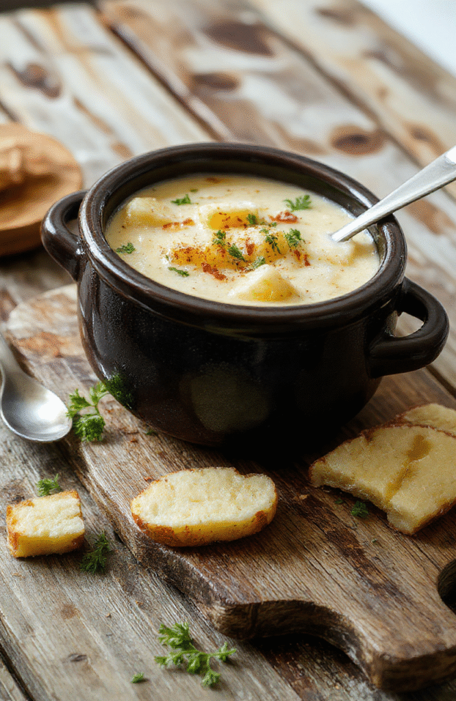 A creamy, steaming bowl of crock pot potato soup topped with shredded cheese and fresh parsley, served on a rustic wooden table with a side of crusty bread, vibrant yellow and white colors highlight the rich texture and inviting aroma.