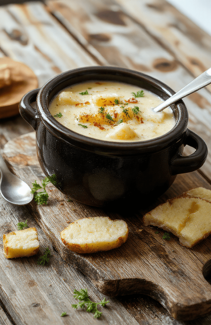 A creamy, steaming bowl of crock pot potato soup topped with shredded cheese and fresh parsley, served on a rustic wooden table with a side of crusty bread, vibrant yellow and white colors highlight the rich texture and inviting aroma.