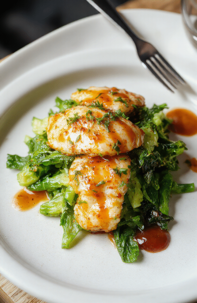 Bunter Teller mit goldbraun gebratenen Hähnchenstücken, die mit frischen Preiselbeeren und Kräutern garniert sind. Das Gericht sitzt auf einem weißen Teller, umgeben von einer cremigen Soße und buntem Gemüse, alles wirkt frisch und appetitlich, mit einer glänzenden Glasur auf dem Hühnchen.