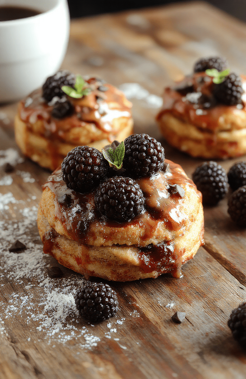 A rich, layered blackberry cake with glossy purple-blackberries on top, decorated with fresh mint leaves. The cake has a smooth, frosting-coated surface, and is set on a rustic wooden table with scattered blackberries around, highlighting its decadent, goth-inspired aesthetic with dark, moody lighting and a slightly textured background.