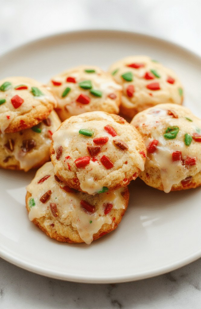 Bunte Weihnachtskekse in verschiedenen Formen auf einem weißen Teller, mit Zuckerdekorationen, glänzenden Glasuren und einer festlichen Tischdekoration im Hintergrund, helles Licht, detailreiche Texturen, einladendes Erscheinungsbild