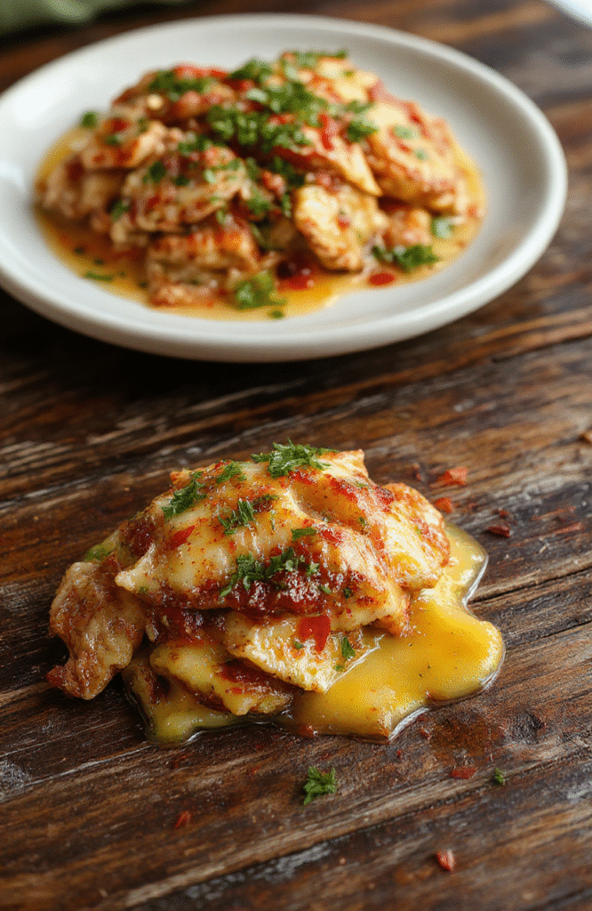 Ein cremiger Curry-Dattel-Dip in einer kleinen weißen Schüssel, verziert mit frischen Kräutern, auf einem rustikalen Holztablett mit einigen geschnittenen Datteln und Curry-Pulver-Staub, atmosphärisch beleuchtet, appetitlich und einladend.