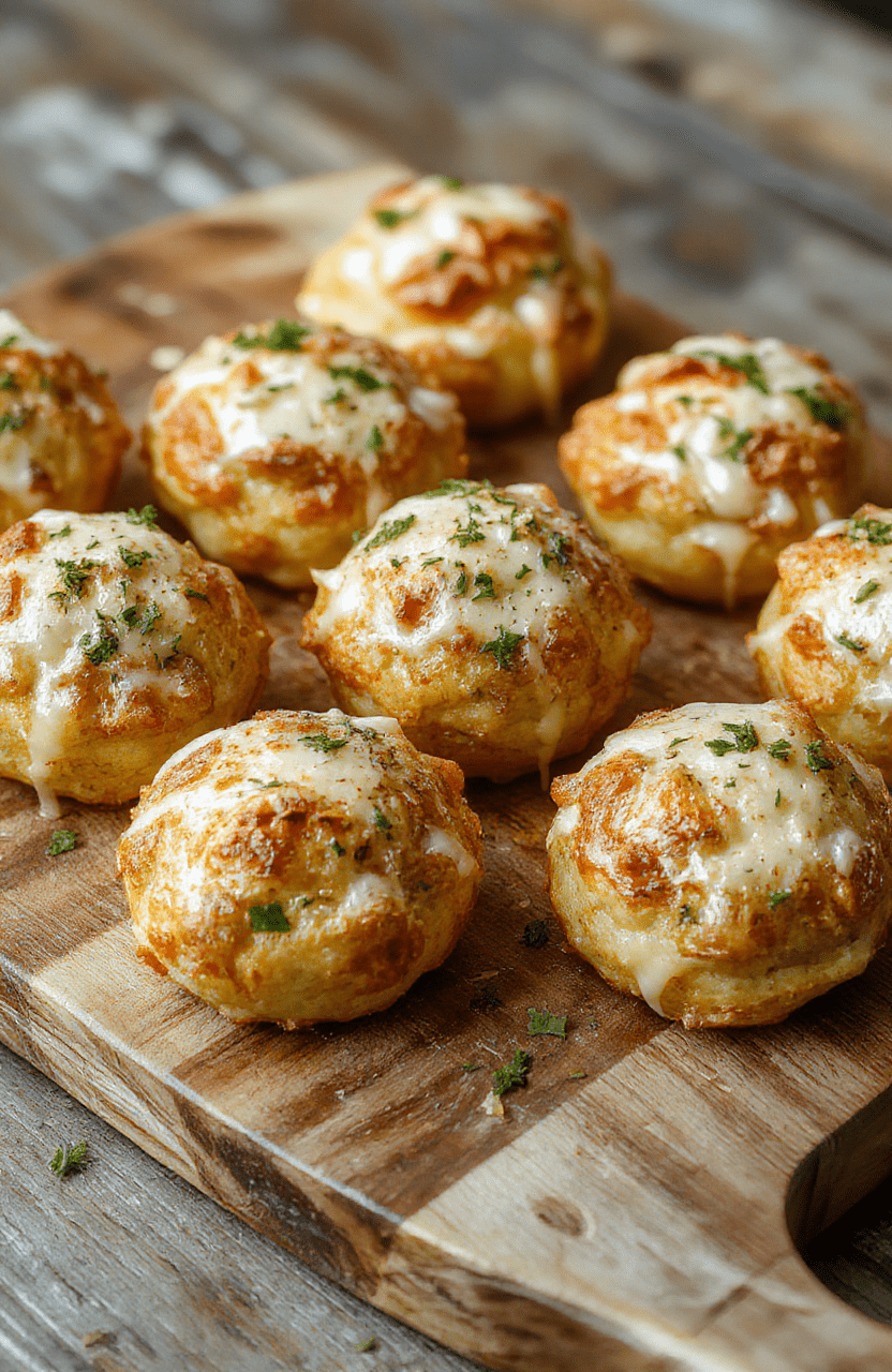 A plate of golden-brown cheesy garlic parmesan bombs topped with fresh parsley, showcasing the melted cheese oozing out, with a crispy exterior and soft interior, arranged on a rustic wooden board for an inviting presentation with a sprinkle of parmesan and herbs.