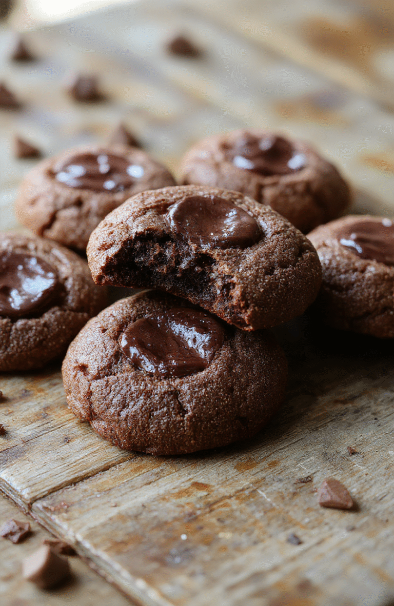A close-up of chewy chocolate thumbprint cookies arranged on a rustic wooden board. The cookies have a glossy chocolate glaze, with a centered dollop of rich filling. The texture appears fudgy and moist, with a slightly cracked surface and shiny finish. Soft natural lighting highlights the glossy chocolate and inviting texture, styled casually with a few crumbs scattered for a cozy, homemade look.