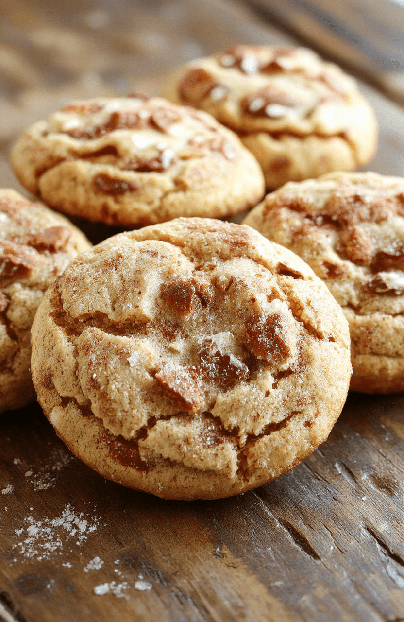 A close-up of freshly baked, soft snickerdoodles dusted with cinnamon sugar on a rustic wooden surface, golden-brown edges, slightly cracked tops showcasing a chewy interior, styled with a light sprinkle of cinnamon around the plate.