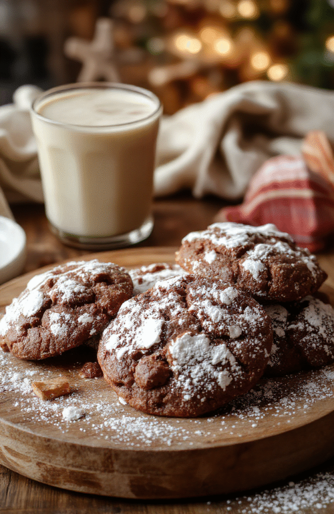 A close-up of chewy hot chocolate cookies on a rustic wooden plate, sprinkled with powdered sugar, with a warm mug of hot chocolate in the background, soft ambient lighting highlighting the gooey texture and rich chocolate chips, styled with a cozy winter theme.