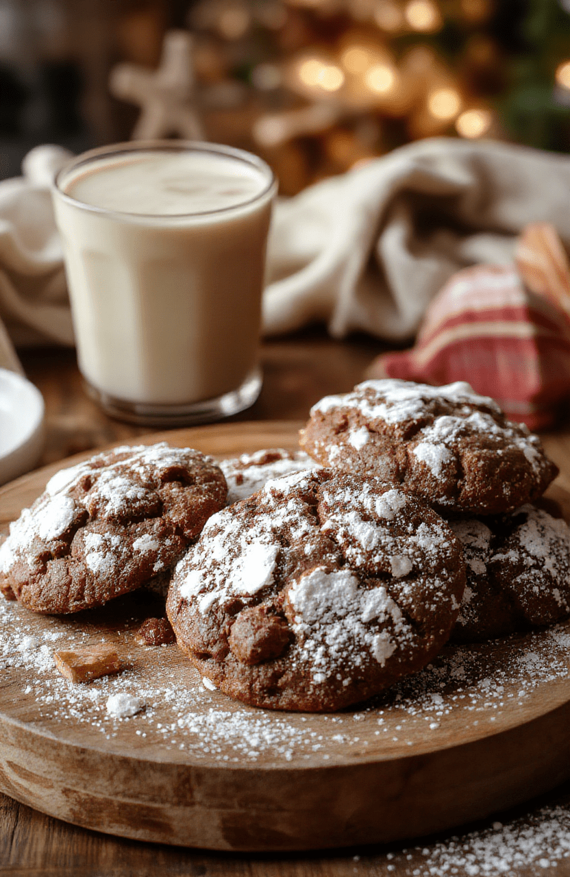 A close-up of chewy hot chocolate cookies on a rustic wooden plate, sprinkled with powdered sugar, with a warm mug of hot chocolate in the background, soft ambient lighting highlighting the gooey texture and rich chocolate chips, styled with a cozy winter theme.