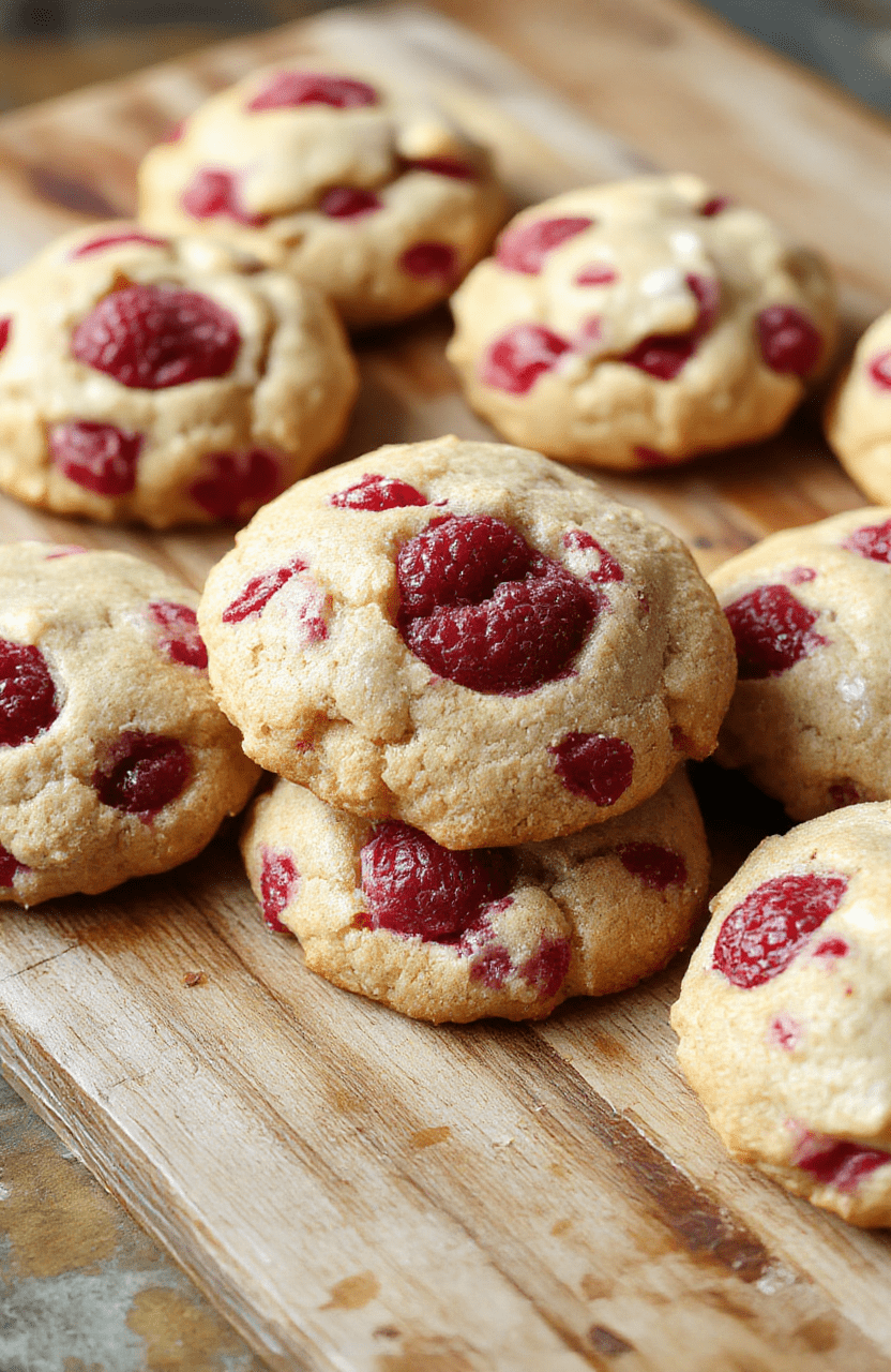 A plate of chewy raspberry cookies with vibrant red raspberries embedded inside, arranged on a rustic wooden surface. The cookies have a golden-brown edges and a slightly cracked top, showcasing their chewy texture. Fresh raspberries are scattered around for garnish, with a soft-focus background creating a cozy, inviting atmosphere.