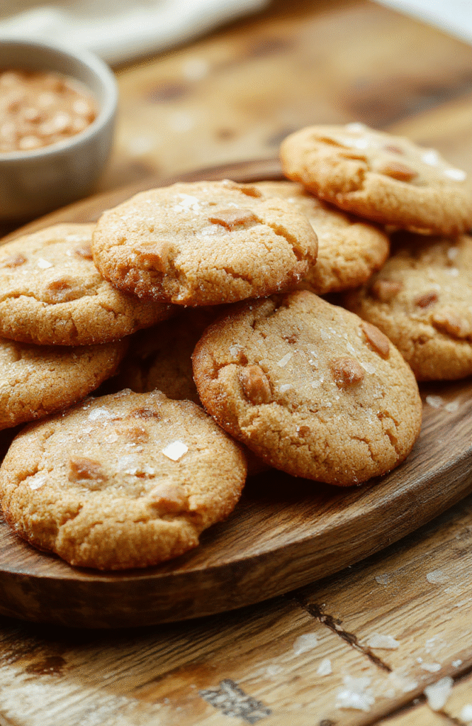A close-up of golden-brown chewey butterscotch cookies sprinkled with flaky sea salt on a rustic wooden platter, showcasing their rich texture and glossy butterscotch chips, styled with a light background