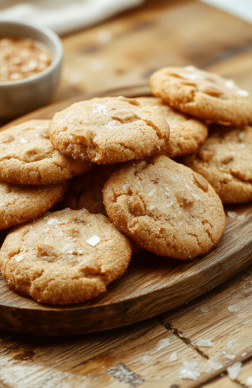 A close-up of golden-brown chewey butterscotch cookies sprinkled with flaky sea salt on a rustic wooden platter, showcasing their rich texture and glossy butterscotch chips, styled with a light background