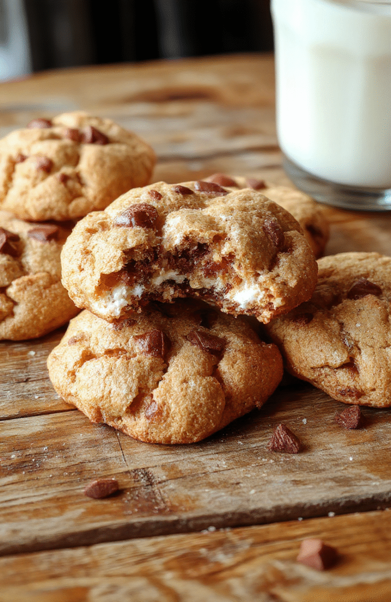 A plate of chewy s'mores cookies with melted chocolate and toasted marshmallows, arranged on a rustic wooden table with powdered sugar dusted on top, styled with a few graham crackers and a glass of milk in the background, showcasing golden-brown edges and gooey centers.
