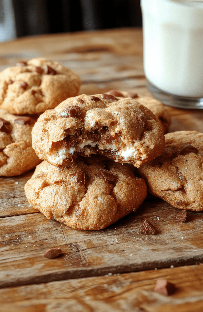 A plate of chewy s'mores cookies with melted chocolate and toasted marshmallows, arranged on a rustic wooden table with powdered sugar dusted on top, styled with a few graham crackers and a glass of milk in the background, showcasing golden-brown edges and gooey centers.