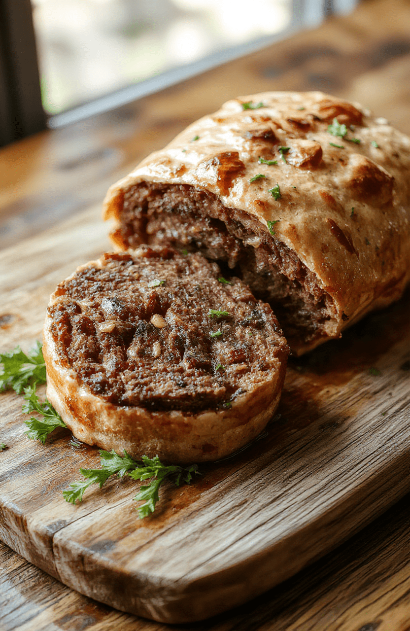 A beautifully plated beef wellington with golden, flaky puff pastry crust, slices revealing tender beef and mushroom duxelles inside, garnished with fresh herbs, on a rustic wooden serving board with a drizzle of rich sauce.