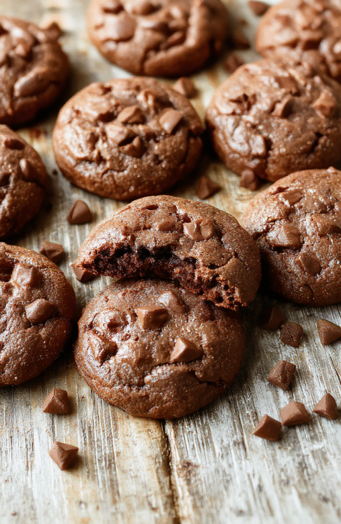 A close-up shot of warm, freshly baked hot chocolate cookies with a slightly cracked top, topped with a drizzle of melted chocolate and a sprinkle of powdered sugar. The cookies are arranged on a rustic wooden platter, with steam gently rising to evoke warmth and comfort. The background features a cozy winter setting with soft lighting and warm tones that accentuate the rich chocolate color and inviting textures.