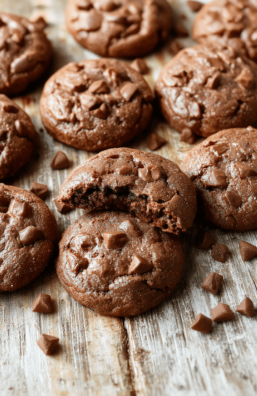 A close-up shot of warm, freshly baked hot chocolate cookies with a slightly cracked top, topped with a drizzle of melted chocolate and a sprinkle of powdered sugar. The cookies are arranged on a rustic wooden platter, with steam gently rising to evoke warmth and comfort. The background features a cozy winter setting with soft lighting and warm tones that accentuate the rich chocolate color and inviting textures.