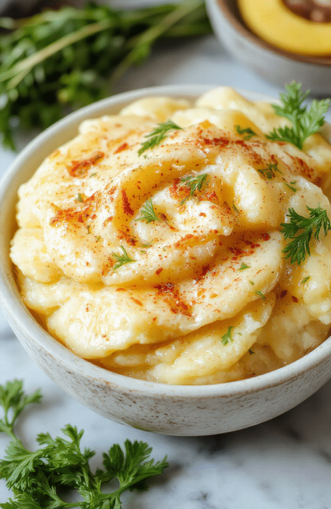 A creamy, golden-brown baked mashed potatoes dish in a rustic white ceramic bowl, topped with a sprinkle of fresh herbs. The texture appears smooth and fluffy, with a crispy, cheesy crust on top, nestled on a wooden table with soft natural daylight highlighting the rich, buttery surface and garnished with chopped parsley.