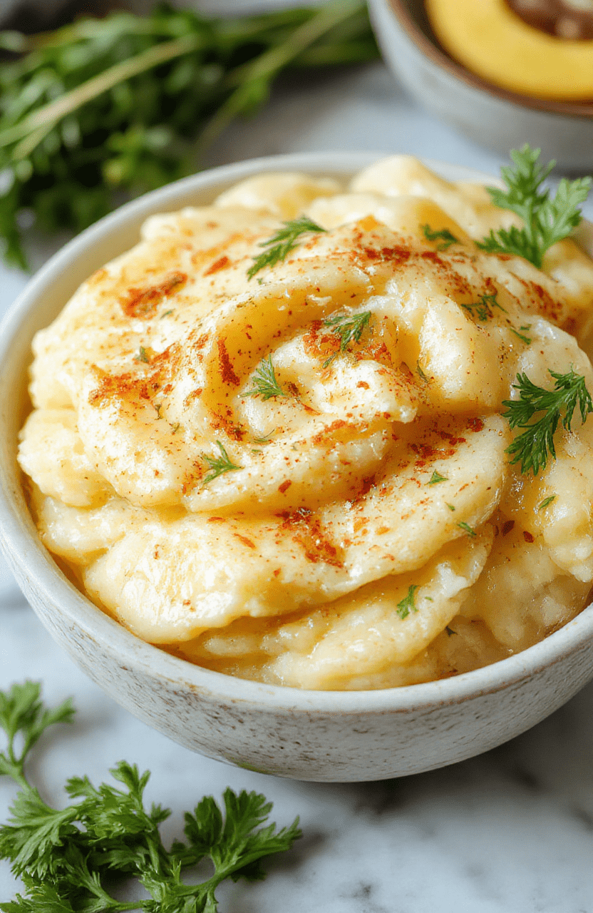 A creamy, golden-brown baked mashed potatoes dish in a rustic white ceramic bowl, topped with a sprinkle of fresh herbs. The texture appears smooth and fluffy, with a crispy, cheesy crust on top, nestled on a wooden table with soft natural daylight highlighting the rich, buttery surface and garnished with chopped parsley.