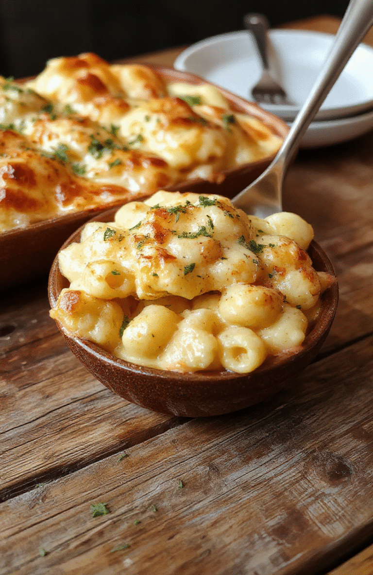 A rich, golden-brown baked mac and cheese served in a rustic white dish. The pasta is creamy, cheesy, with a crispy breadcrumb topping. The dish is styled on a wooden table with a hint of fresh herbs and melted cheese stretching as it's lifted, showcasing textures and vibrant colors.