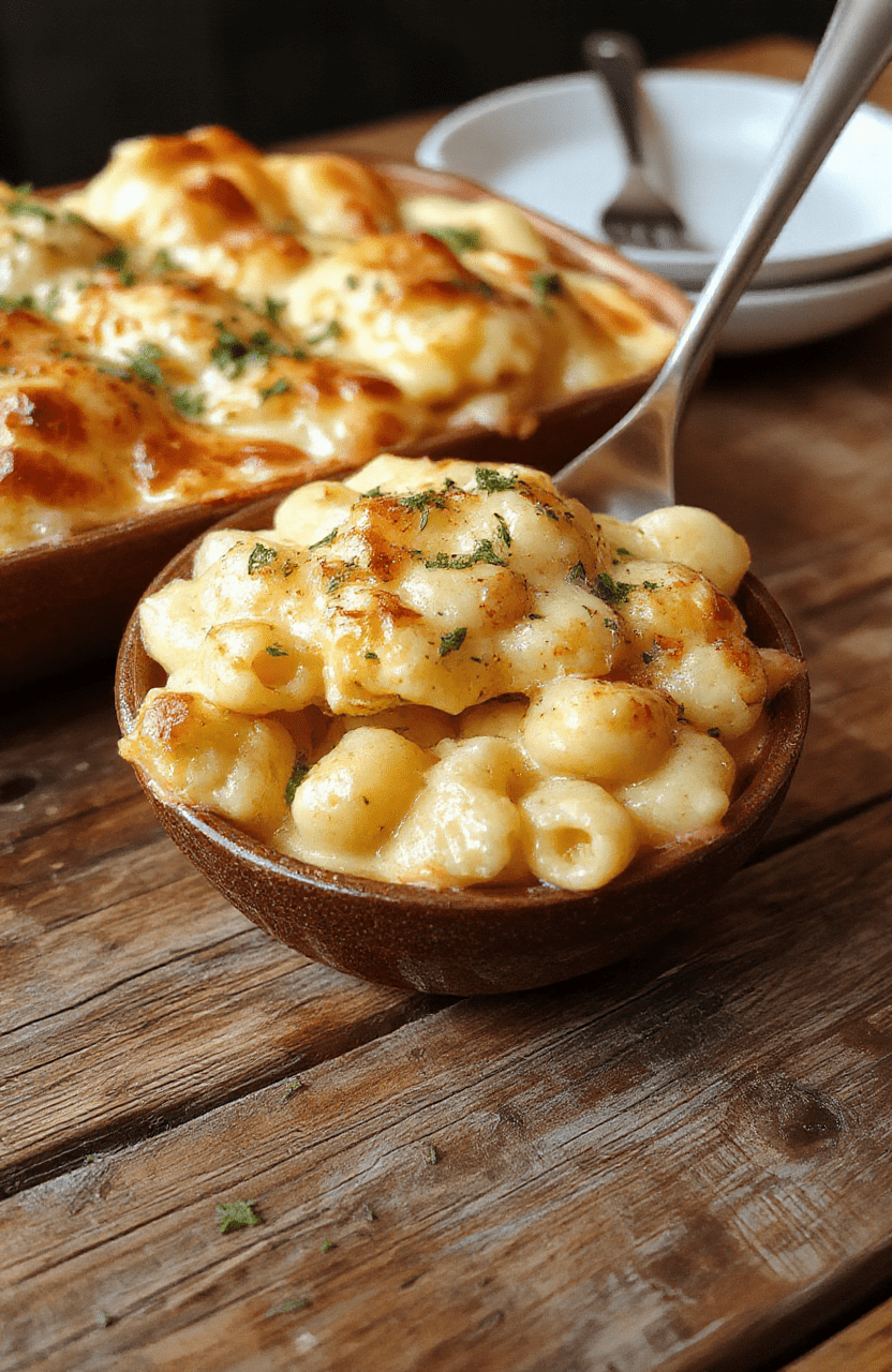 A rich, golden-brown baked mac and cheese served in a rustic white dish. The pasta is creamy, cheesy, with a crispy breadcrumb topping. The dish is styled on a wooden table with a hint of fresh herbs and melted cheese stretching as it's lifted, showcasing textures and vibrant colors.