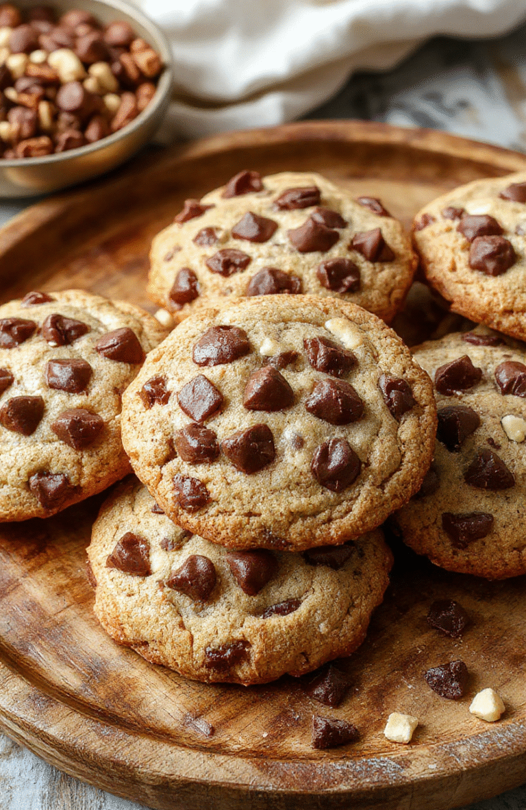 A close-up of a stack of golden-brown cowboy cookies with visible chocolate chips and chopped nuts, arranged on a rustic wooden plate. The cookies look soft and melt-in-your-mouth with a slightly crispy exterior. The background features a blurred cozy farmhouse kitchen scene with warm lighting, enhancing the inviting and comforting atmosphere.